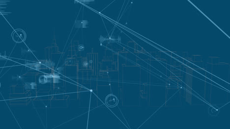 Animation-Des-Netzwerks-Von-Verbindungen-Und-Datenverarbeitung-über-Der-Stadt-Auf-Blauem-Hintergrund