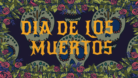 Animación-Del-Día-De-Los-Muertos-Sobre-Calaveras-Decorativas-En-Marco-De-Flores.