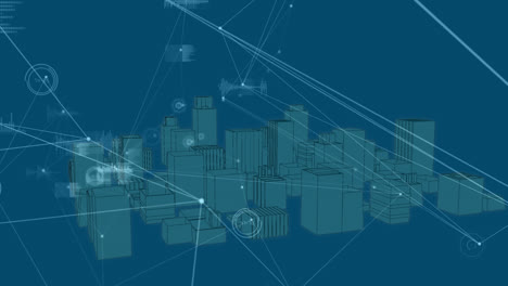 Animation-of-network-of-connections-and-data-processing-over-city-on-blue-background