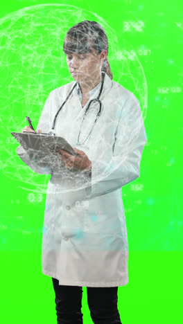 Animation-of-biracial-female-doctor-over-data-processing-on-green-screen