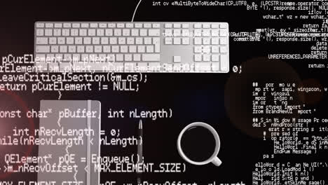 Animation-of-data-processing-over-computer-keyboard-lying-on-office-desk