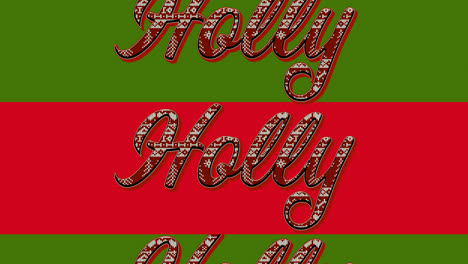 Animation-of-holly-text-at-christmas-on-red-and-green-background