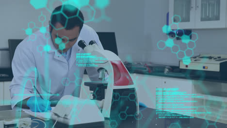 Animation-of-scientific-data-processing-over-male-caucasian-scientist-using-microscope-in-laboratory