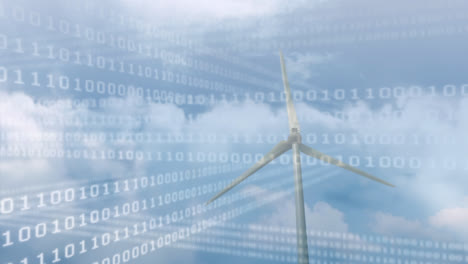 Animation-of-data-processing-over-wind-turbine-and-sky-with-clouds