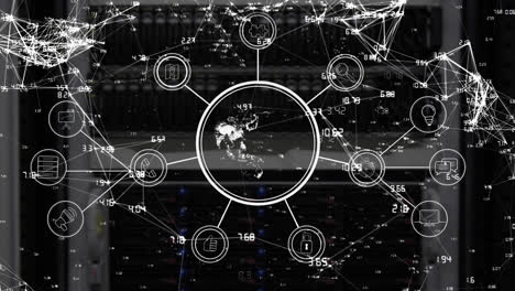 Animation-of-network-of-connections-with-numbers-and-icons-over-globe