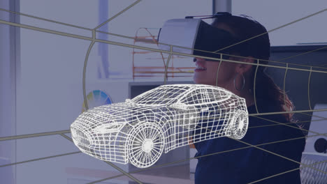 Animation-of-digital-3d-drawing-of-car-over-woman-using-vr-headset