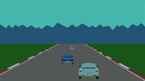 Animación-De-La-Pantalla-De-Un-Videojuego-Con-Coches-Corriendo-En-Una-Calle-En-Movimiento.