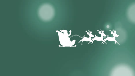 Animation-of-santa-sleigh-over-lights-on-green-background