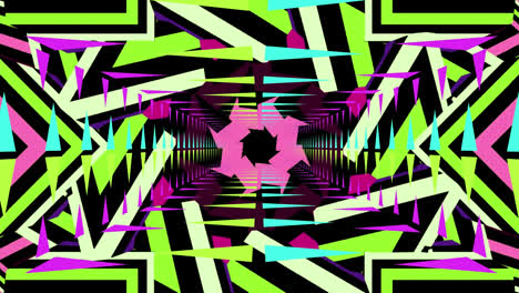 Animation-of-glowing-moving-kaleidoscopic-shapes-over-black-background