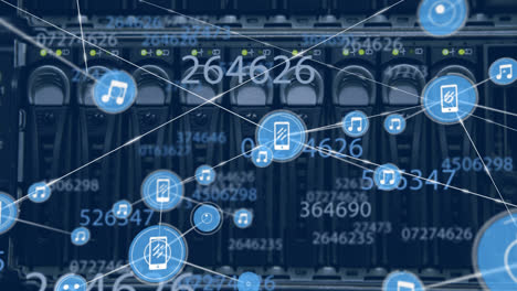 Animation-of-network-of-connections-with-icons-over-server-room