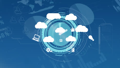 Animación-De-Nubes-Con-Iconos-Sobre-Procesamiento-De-Datos-Y-Reloj-En-Movimiento.