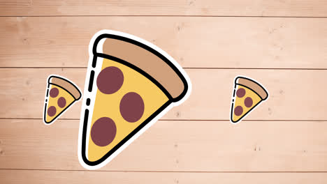 Animación-De-Iconos-De-Pizza-Moviéndose-Sobre-Fondo-De-Madera