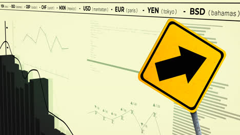 Animation-Der-Finanzdatenverarbeitung-Und-Des-Straßenschildes-Auf-Gelbem-Hintergrund