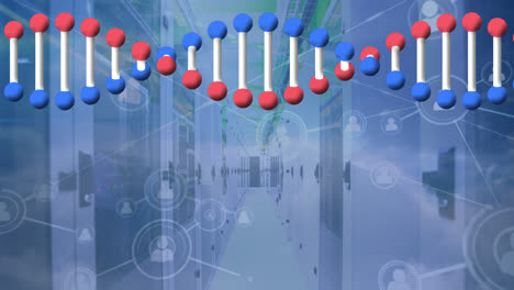 Animation-of-network-of-connections-with-icons-and-dna-strand-over-server-room