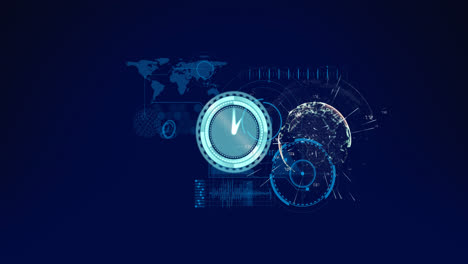 Animation-of-digital-interface-with-clock-over-dark-background