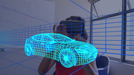 Animation-of-digital-3d-drawing-of-car-over-woman-using-vr-headset