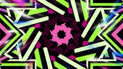 Animation-of-glowing-moving-kaleidoscopic-shapes-over-black-background