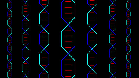 Animation-of-colorful-dna-rotating-on-black-background