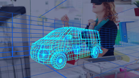 Animation-of-digital-3d-drawing-of-car-over-woman-using-vr-headset