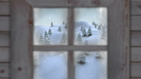 Wooden-window-frame-against-snow-falling-over-multiple-trees-on-winter-landscape