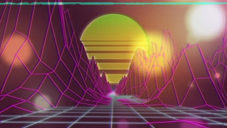 Animation-of-digital-landscape-and-sun-over-grid