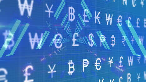 Animation-of-currency-symbols-over-neon-tunnel