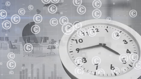 Animation-of-clock-and-data-processing-over-euro-symbols