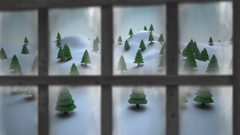 Animation-Von-Fallendem-Schnee-Und-Weihnachtlicher-Winterlandschaft,-Gesehen-Durch-Das-Fenster