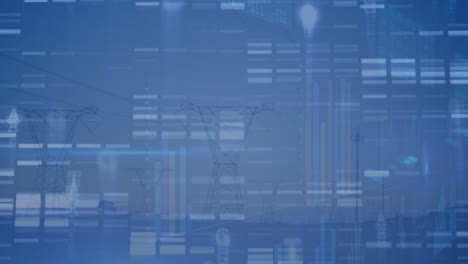 Animation-of-data-processing-over-electricity-poles-at-sunset