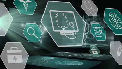 Animation-of-digital-interface-with-medical-icons-on-black-background