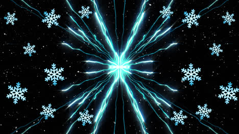 Animation-of-christmas-snowflakes-and-fireworks-falling-on-black-background