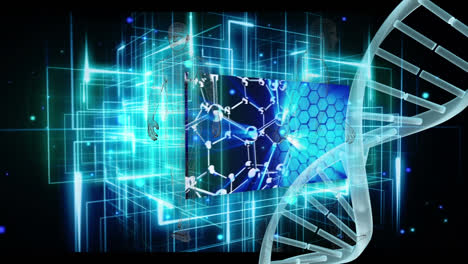 Animation-of-molecules,-screen-with-chemical-structures,-dna-strand-and-data-processing