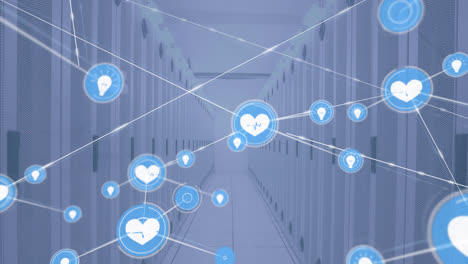 Animation-of-network-of-connections-with-icons-over-server-room