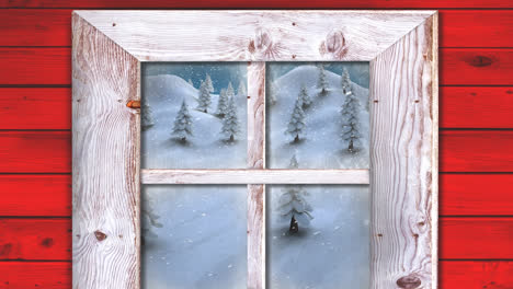 Animation-Von-Fallendem-Schnee-Und-Weihnachtlicher-Winterlandschaft,-Gesehen-Durch-Das-Fenster