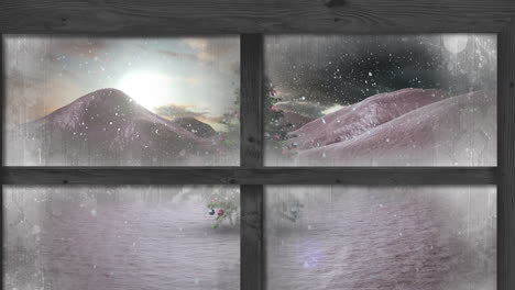 Animation-of-snow-falling-and-christmas-tree-in-winter-scenery-seen-through-window