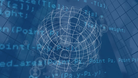 Animation-Einer-Rotierenden-Kugel-Und-Datenverarbeitung-Auf-Blauem-Hintergrund-Mit-Wolkenkratzern