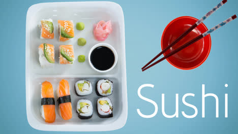 Animation-of-sushi-and-sushi-plate-with-sticks-on-blue-background