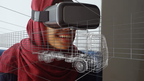 Animation-of-digital-3d-drawing-of-car-over-woman-using-vr-headset