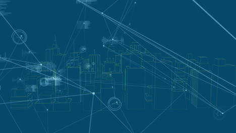 Animation-Des-Netzwerks-Von-Verbindungen-Und-Datenverarbeitung-über-Der-Stadt-Auf-Blauem-Hintergrund