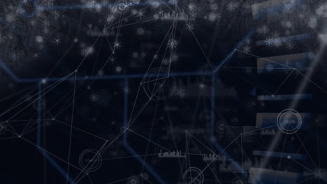 Animation-of-snow-falling-over-network-of-connections-on-black-background