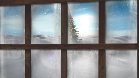 Animation-of-snow-falling-and-christmas-tree-in-winter-scenery-seen-through-window