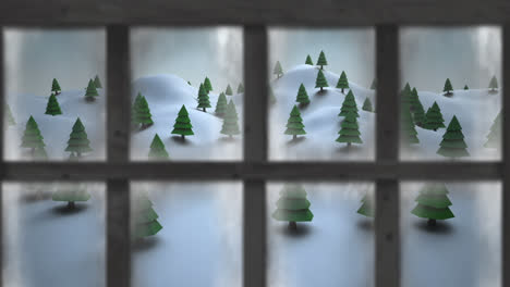 Holzfensterrahmen-Vor-Mehreren-Bäumen-In-Der-Winterlandschaft