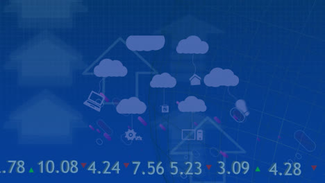 Animation-of-clouds-with-icons-over-purple-lines-and-arrows