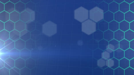 Animation-of-hexagons-with-light-trail-on-blue-background