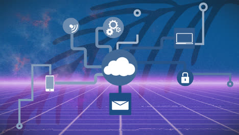 Animation-Eines-Netzwerks-Von-Verbindungen-Mit-Symbolen-über-Der-Landschaft