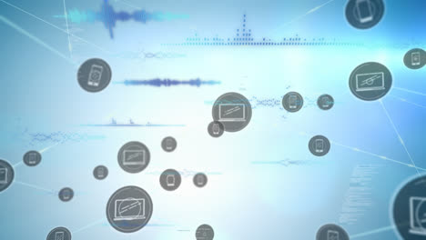 Animation-of-connected-icons-over-soundwaves-and-computer-language-on-blue-background