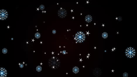 Animación-De-Copos-De-Nieve-Y-Estrellas-Flotando-Sobre-Fondo-Negro-Con-Espacio-Para-Copiar