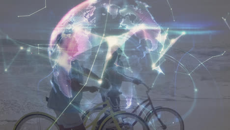 Animation-of-network-of-connections-and-globe-over-diverse-couple-riding-bikes-at-beach