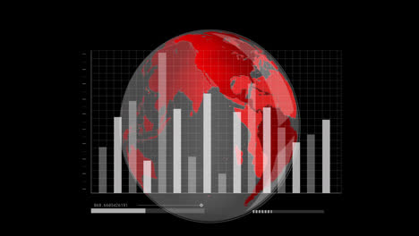 Animation-of-interface-with-statistical-data-processing-over-spinning-globe-against-black-background