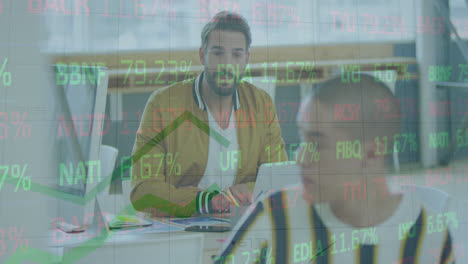 Animation-of-stock-market-data-processing-on-two-diverse-men-smiling-looking-at-each-other-at-office